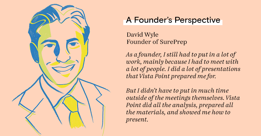 As a founder, I still had to put in a lot of work, mainly because I had to meet with a lot of people. I did a lot of presentations that Vista Point prepared me for.  But I didn’t have to put in much time outside of the meetings themselves. Vista Point did