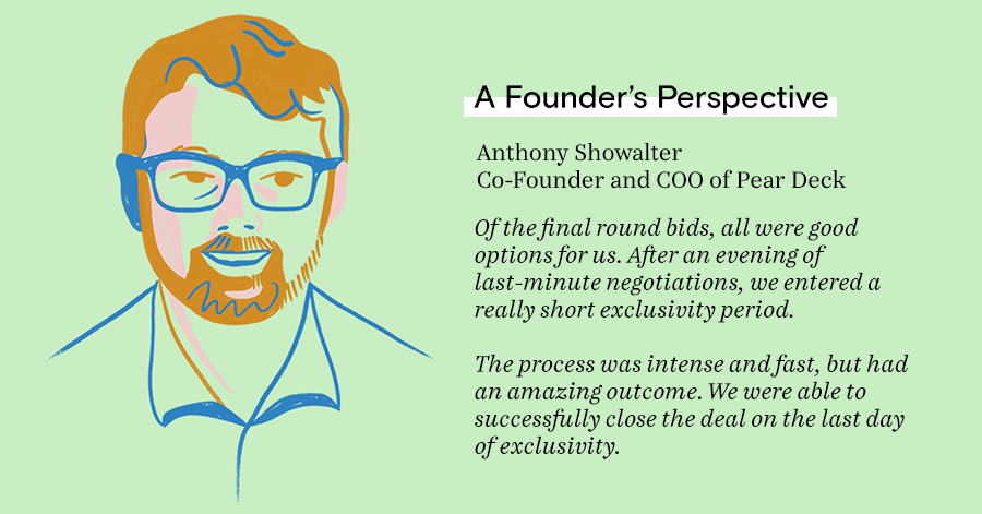 Of the final round bids, all were good options for us. After an evening of last-minute negotiations, we entered a really short exclusivity period.  The process was intense and fast, but had an amazing outcome. We were able to successfully close the deal o